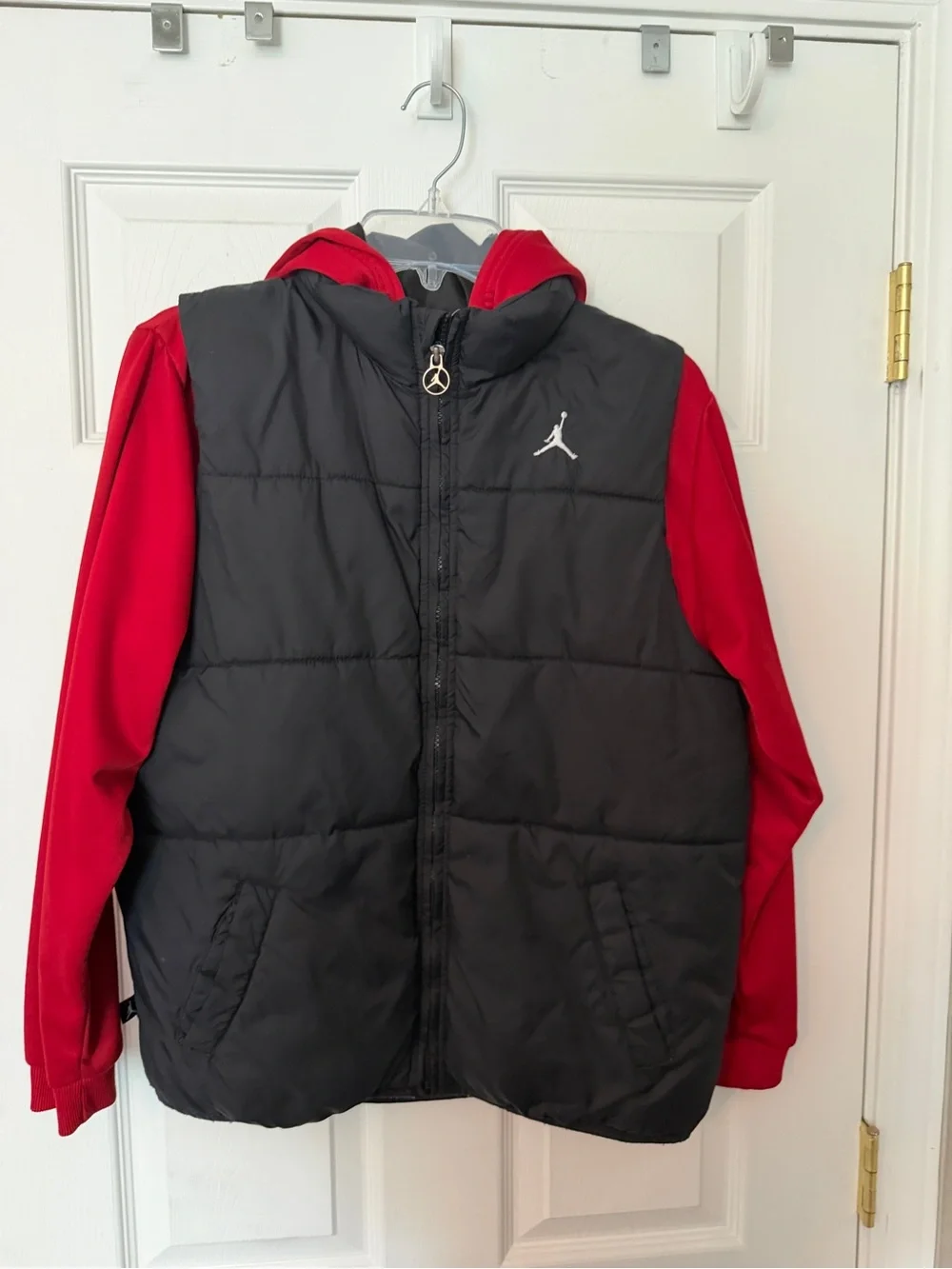 Jordan Black Puffer Vest with Red Sleeves & Hood